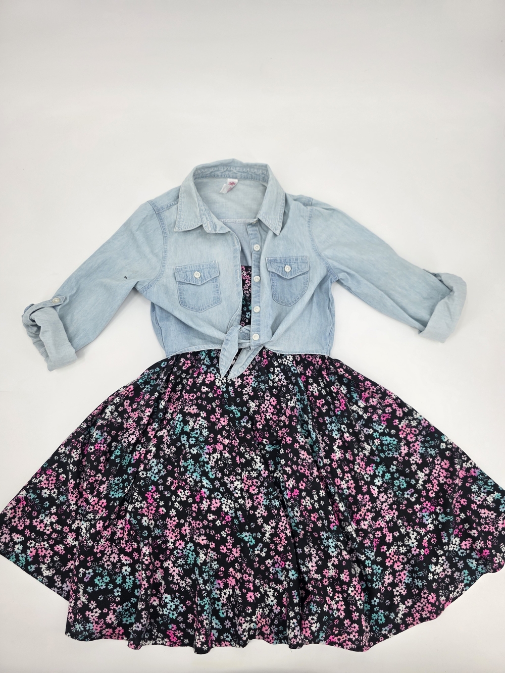 Justice Floral Dress with Attached Tie-Front Chambray Top Size 10